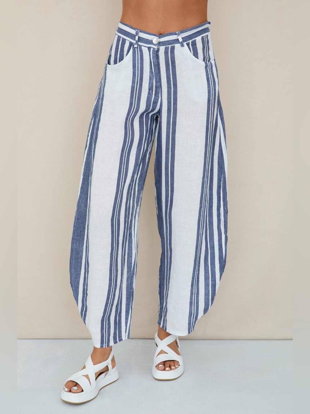 (155159-1-STRIPE-W/N) STRIPED LINEN BARREL PANTS